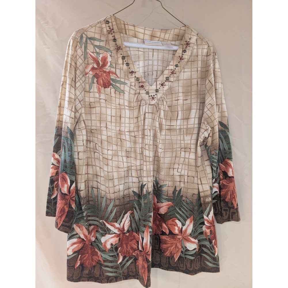 ALFRED DUNNER Woman 1X Tropical Floral Top Beaded V-Neck Beige Brown Green Red - Picture 1 of 3